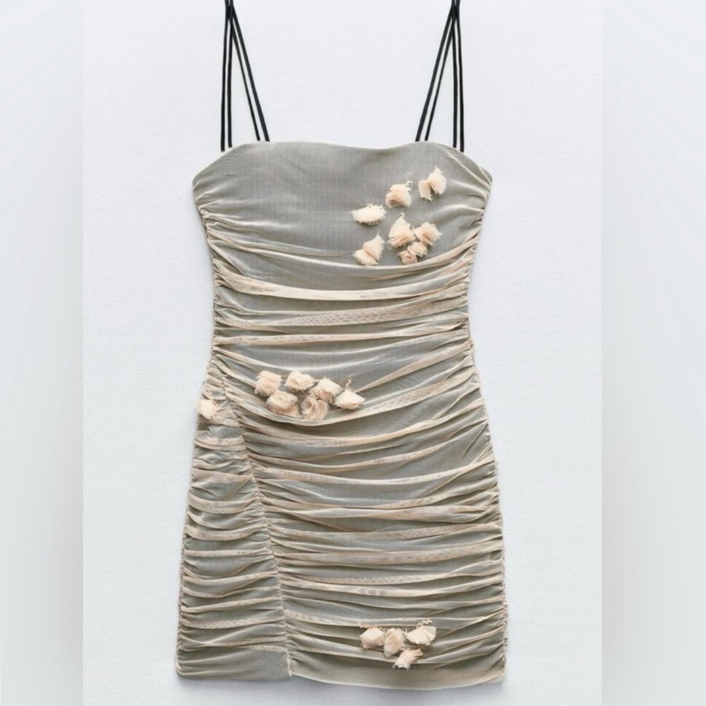Zara Beige Ruched Mini Dress with Cream Appliqués